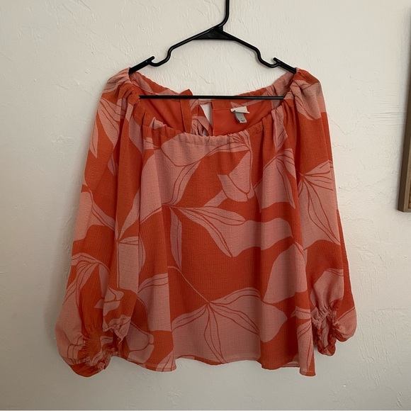 a new day Tops - A New Day Orange Leafy Bubble Sleeve Blouse